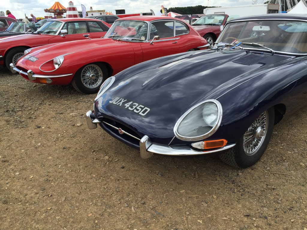 A row of Jaguar E-Type cars at Silverstone Classic